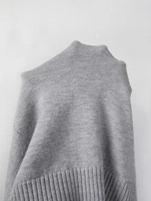 SHEIN 秋冬款拉鍊立領針織開襟衫，優雅粗花呢風夾克 - 灰色 - 查看 5