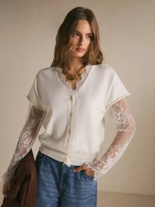 Poéselle Women's French Lace Trim Button Front White Knit Cardigan, Chic Soft Girl Sweater For Afternoon Tea, Casual Outfits & Christmas Looks - White - View 4