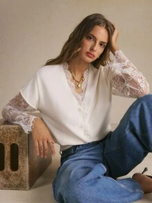 Poéselle Women's French Lace Trim Button Front White Knit Cardigan, Chic Soft Girl Sweater For Afternoon Tea, Casual Outfits & Christmas Looks - White - View 6