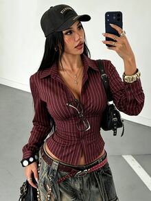 StreetHx Women's Retro Fitted Striped Shirt - Red - View 1