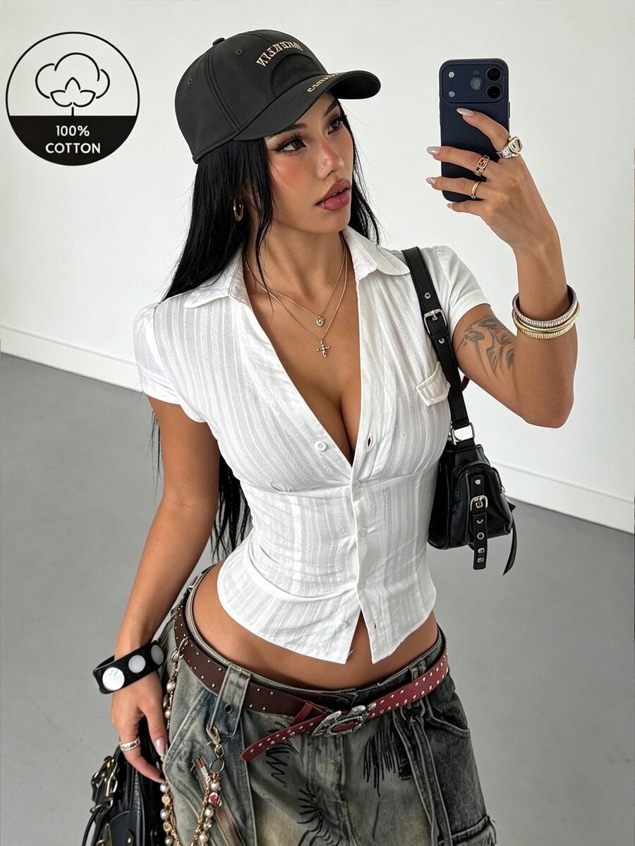 StreetHx Camisa de algodón ajustada retro sexy para mujer, blanca, para salir de noche y discoteca, verano - Blanco - Ver 1