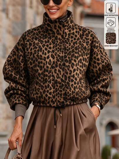 SHEIN Women's Leopard Print Stand Collar Casual Street Pocket Long Sleeve Jacket Going Out Night Out Nightout Khaki Balck Autumn Winter Casual Zipper Front