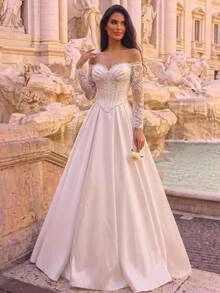 Glamrae Elegant Luxury Embroidered Faux Pearl Decorated Off-Shoulder Dress For Ball, Wedding - White - View 5