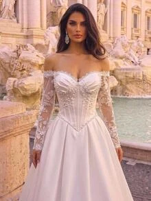 Glamrae Elegant Luxury Embroidered Faux Pearl Decorated Off-Shoulder Dress For Ball, Wedding - White - View 2