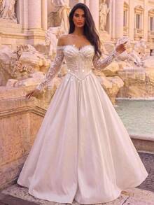 Glamrae Elegant Luxury Embroidered Faux Pearl Decorated Off-Shoulder Dress For Ball, Wedding - White - View 6
