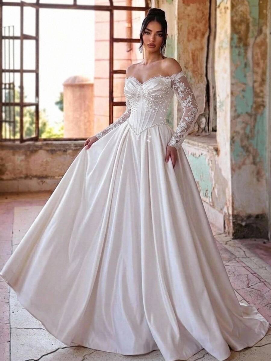 Glamrae Elegant Luxury Embroidered Faux Pearl Decorated Off-Shoulder Dress For Ball, Wedding - White - View 1