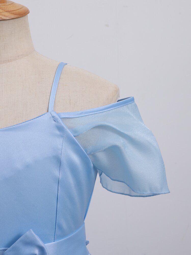 Girls French Luxury Sky Blue Satin Formal Long Dress, Off-Shoulder Flutter Sleeves Double Straps, 3D Bow Waist, Full Skirt, Elegant, Wedding Summer - Baby Blue - View 9