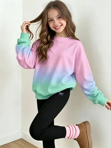 Tween Girls Crew Neck Sweatshirt & Leggings Set Gradient Bow Print Pink Pastel Cozy Fall Winter 1 Set - Multicolor - View 1