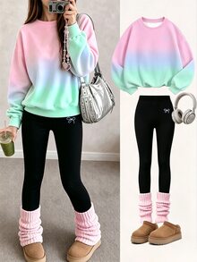 Tween Girls Crew Neck Sweatshirt & Leggings Set Gradient Bow Print Pink Pastel Cozy Fall Winter 1 Set - Multicolor - View 3