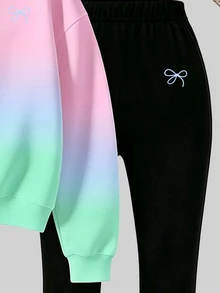 Tween Girls Crew Neck Sweatshirt & Leggings Set Gradient Bow Print Pink Pastel Cozy Fall Winter 1 Set - Multicolor - View 6