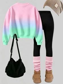 Tween Girls Crew Neck Sweatshirt & Leggings Set Gradient Bow Print Pink Pastel Cozy Fall Winter 1 Set - Multicolor - View 2
