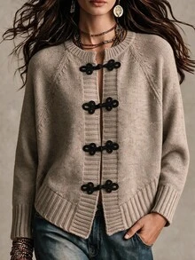 SHEIN LUNE Fall New Chinese Style Frog Button Knit Cardigan Round Neck Loose Raglan Sleeve Black Yarn Sweater Jacket Vacation Women's Dinner Brunch Office French - Khaki - View 8