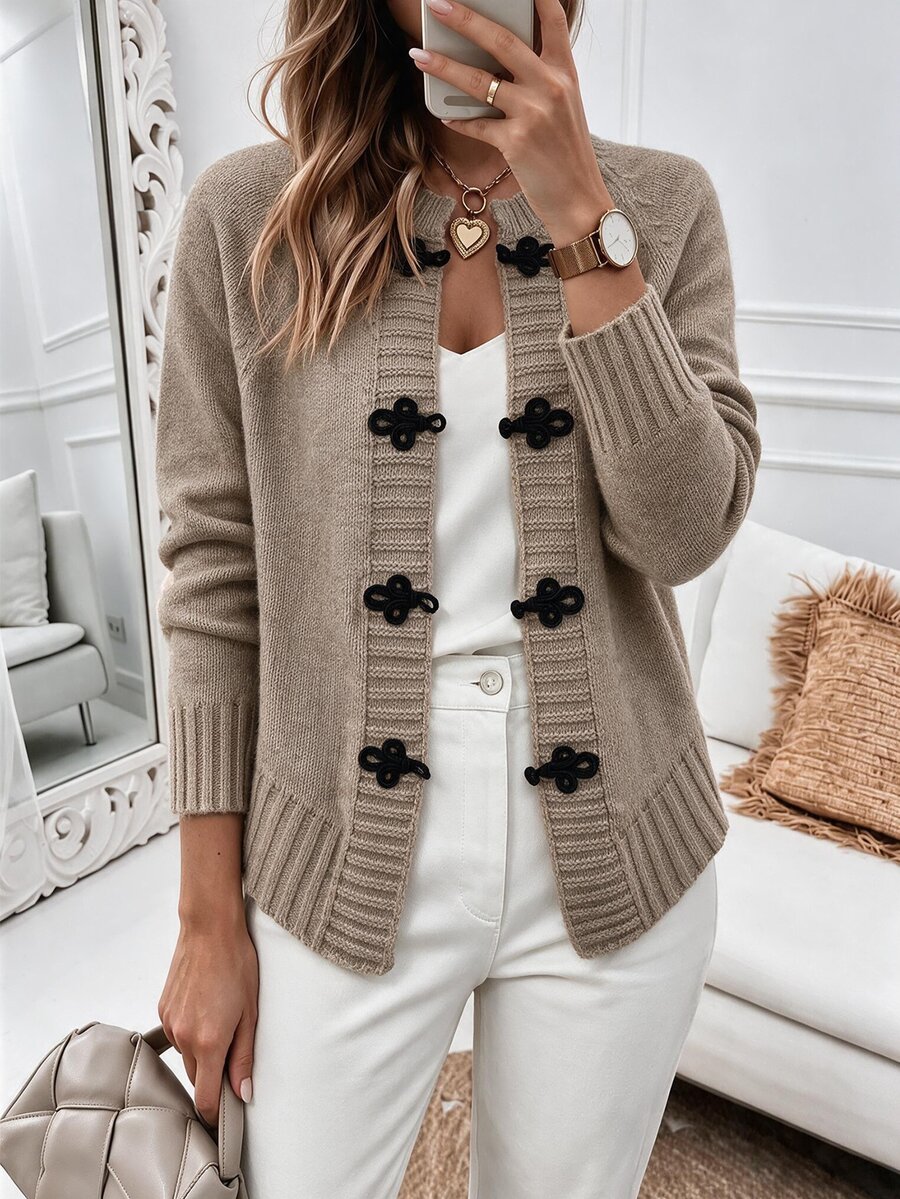 SHEIN LUNE Fall New Chinese Style Frog Button Knit Cardigan Round Neck Loose Raglan Sleeve Black Yarn Sweater Jacket Vacation Women's Dinner Brunch Office French - Khaki - View 1