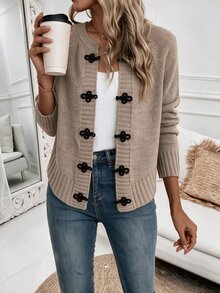 SHEIN LUNE Fall New Chinese Style Frog Button Knit Cardigan Round Neck Loose Raglan Sleeve Black Yarn Sweater Jacket Vacation Women's Dinner Brunch Office French - Khaki - View 5
