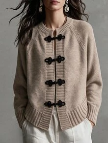 SHEIN LUNE Fall New Chinese Style Frog Button Knit Cardigan Round Neck Loose Raglan Sleeve Black Yarn Sweater Jacket Vacation Women's Dinner Brunch Office French - Khaki - View 4