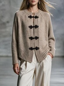 SHEIN LUNE Fall New Chinese Style Frog Button Knit Cardigan Round Neck Loose Raglan Sleeve Black Yarn Sweater Jacket Vacation Women's Dinner Brunch Office French - Khaki - View 3