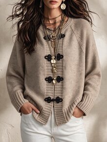 SHEIN LUNE Fall New Chinese Style Frog Button Knit Cardigan Round Neck Loose Raglan Sleeve Black Yarn Sweater Jacket Vacation Women's Dinner Brunch Office French - Khaki - View 6
