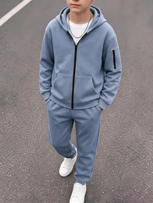 SHEIN 2件組兒童青少年男孩連帽衛衣與長秋季長褲套裝，霧藍色，休閒運動寬鬆版型，適合戶外運動與學校穿著 - 藍色 - 查看 1