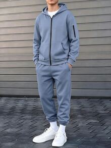 SHEIN 2件組兒童青少年男孩連帽衛衣與長秋季長褲套裝，霧藍色，休閒運動寬鬆版型，適合戶外運動與學校穿著 - 藍色 - 查看 4
