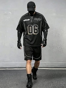 Sport MetroGents Men's T-Shirt Shorts Sports Set, Running Workout, Outdoor Casual Sporty Graphic, Gym White Black And White Summer - Black - View 3