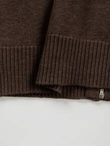 SHEIN Fall Winter Zip Up Mock Neck Knit Cardigan, Elegant Tweed Style Jacket - Coffee Brown - View 3