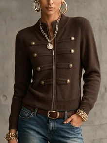 SHEIN Fall Winter Zip Up Mock Neck Knit Cardigan, Elegant Tweed Style Jacket - Coffee Brown - View 6