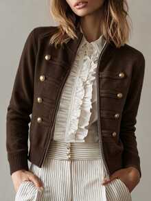 SHEIN Fall Winter Zip Up Mock Neck Knit Cardigan, Elegant Tweed Style Jacket - Coffee Brown - View 7