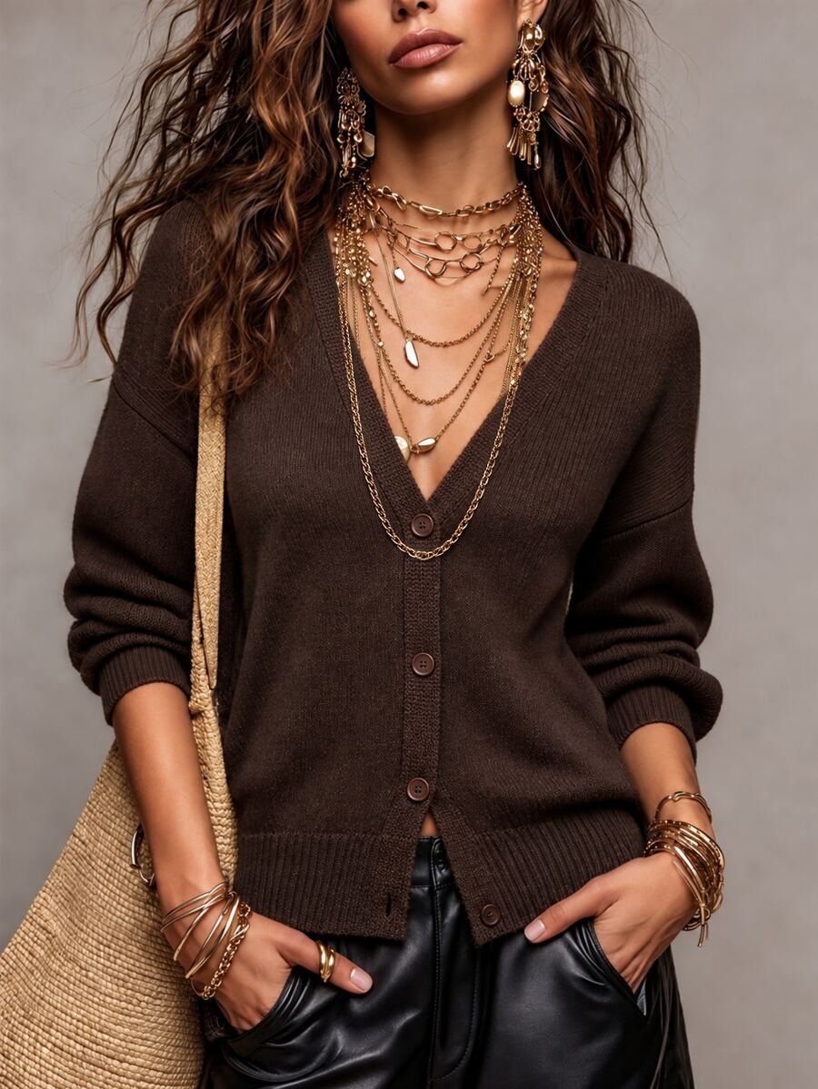LUMIGAL Women's Solid Color V-Neck Casual Basic Versatile Daily Outing Cardigan Office Dark Brown,V-Neck Loose Fall-Out Cardigan For Autumn And Winter Outings