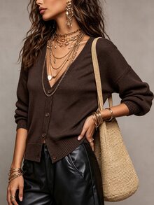 LUMIGAL Women's Solid Color V-Neck Casual Basic Versatile Daily Outing Cardigan Office Dark Brown,V-Neck Loose Fall-Out Cardigan For Autumn And Winter Outings - Brown - View 4