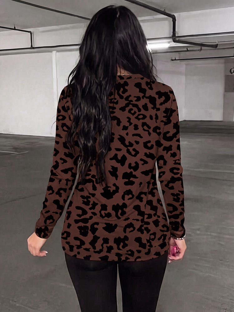 Rovax Women's Autumn/Winter New Hot-Selling Leopard Print Pattern Casual Versatile Plus Size T-Shirt - Multicolor - View 2