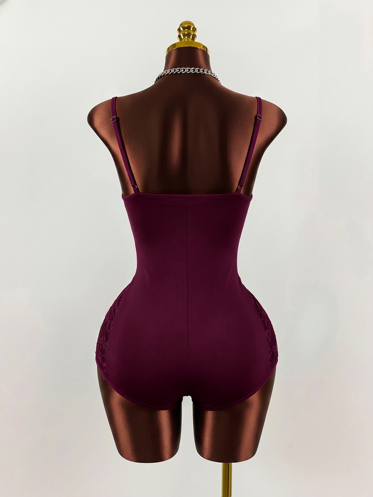 BamGleam Women's Lace Patchwork Adjustable Shoulder Strap Tight Sexy Bandage Jumpsuit Going Out Night Out Burgundy Summer - Burgundy - View 4