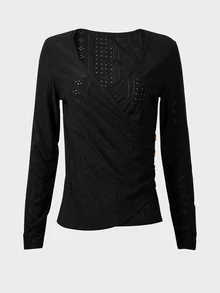 SHEIN LUNE Women's Casual Versatile Solid Color Wrap T-Shirt - Black - View 3