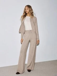 ATUI Studio Slouchy Mixed Yarn Knit Set Women Round Neck Button Cardigan Jacket High Waist Draped Wide Leg Pants 2pcs Set Autumn/Winter Home/Outdoor - Khaki - View 4