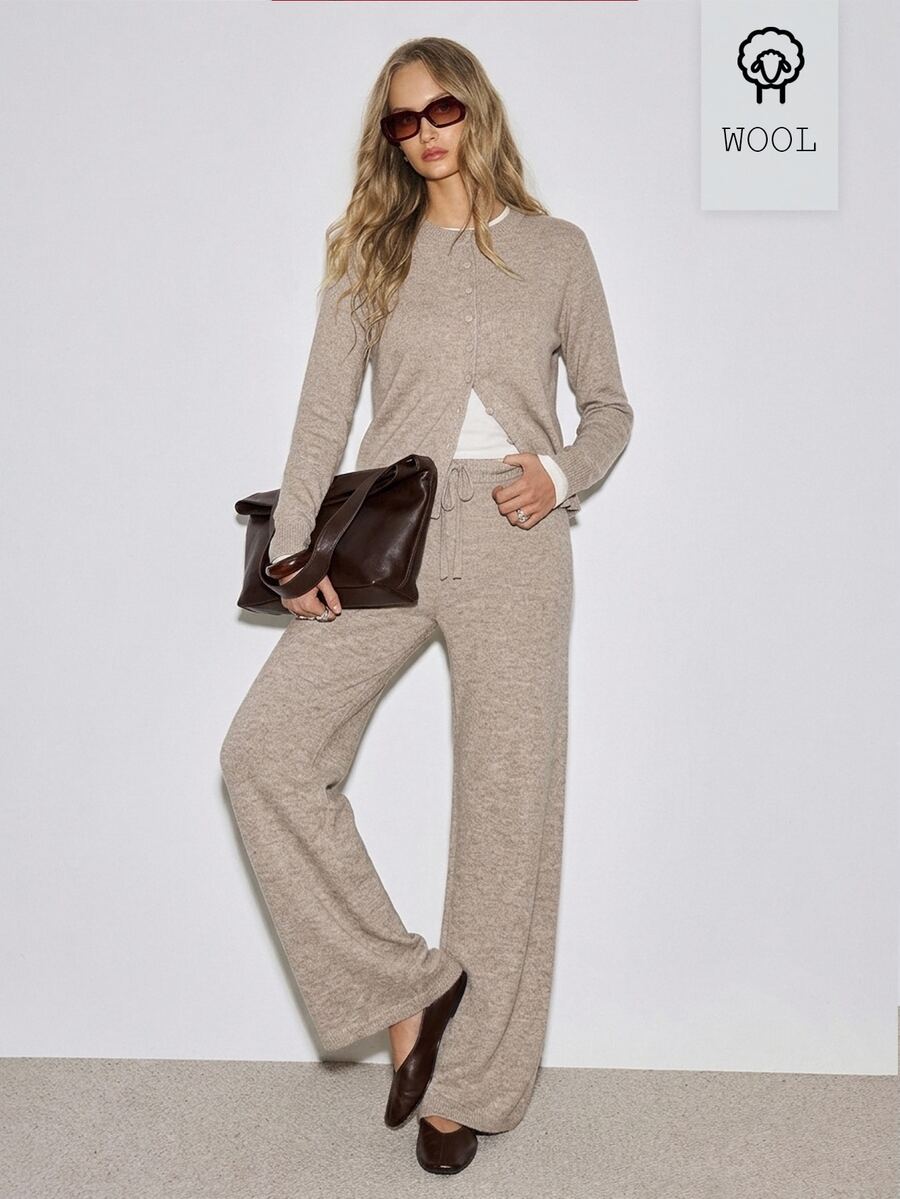 ATUI Studio Slouchy Mixed Yarn Knit Set Women Round Neck Button Cardigan Jacket High Waist Draped Wide Leg Pants 2pcs Set Autumn/Winter Home/Outdoor - Khaki - View 1