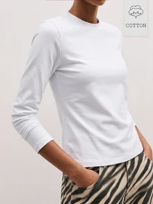 ATUI Studio Women's Solid Color Round Neck Long Sleeve Casual Versatile T-Shirt - White - View 1