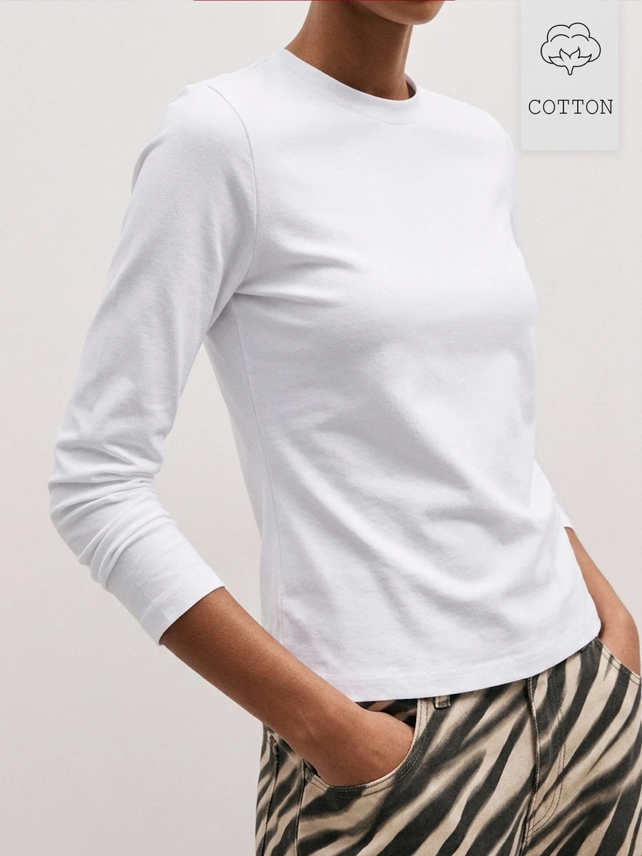 ATUI Studio Women's Solid Color Round Neck Long Sleeve Casual Versatile T-Shirt - White - View 1