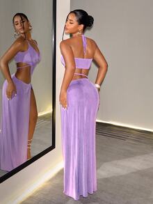 VaVaBold 女款素色鏤空設計側開衩性感掛脖洋裝 - 紫色 - 查看 3