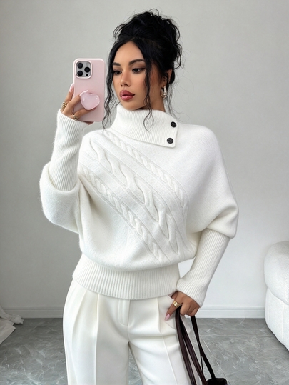 Elenzga كنزة نسائية بأسلوب فني عتيق للخريف/الشتاء، محبوكة بكابلات مائلة، بياقة عالية غير متماثلة مع زخرفة أزرار، أكمام بتصميم بتلات، قصة فضفاضة، متعددة الاستخدامات للتنقل اليومي والحرم الجامعي والمواعيد، بأسلوب مثقف