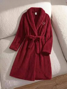 SHEIN Tween女孩簡約刺繡毛絨保暖內裡加厚休閒家居服 秋冬款 - 酒紅色 - 查看 3