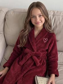 SHEIN Tween女孩簡約刺繡毛絨保暖內裡加厚休閒家居服 秋冬款 - 酒紅色 - 查看 1
