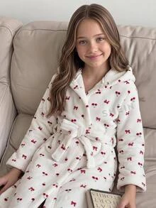 SHEIN Kids Tween Girls Flannel Bathrobe With Plush Bow, Cute Casual Fall/Winter Outfit - Multicolor - View 1