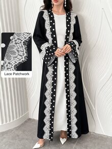 Yasmyna Women's Simple Polka Dot Lace Trim Cardigan Arabic Style - Black - View 2