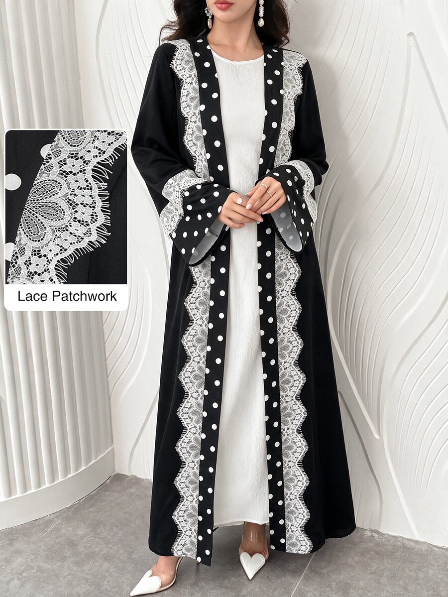 Yasmyna Women's Simple Polka Dot Lace Trim Cardigan Arabic Style