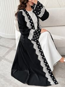 Yasmyna Women's Simple Polka Dot Lace Trim Cardigan Arabic Style - Black - View 4