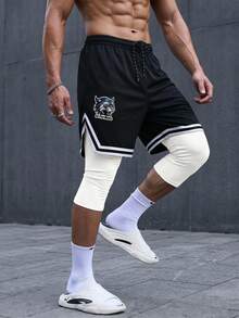 Sport MetroGents 男士纯色拼接印花休闲系带运动短裤 - 黑與白 - 查看 1