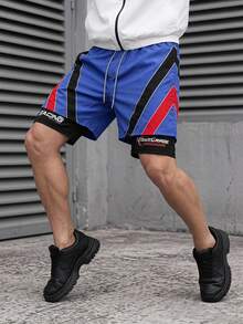 Sport MetroGents 男士休閒條紋拼色抽繩腰雙層運動短褲，健身房適用 - 黑色 - 查看 1