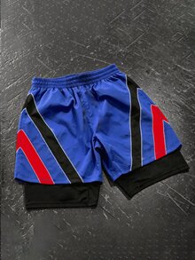 Sport MetroGents 男士休閒條紋拼色抽繩腰雙層運動短褲，健身房適用 - 黑色 - 查看 2