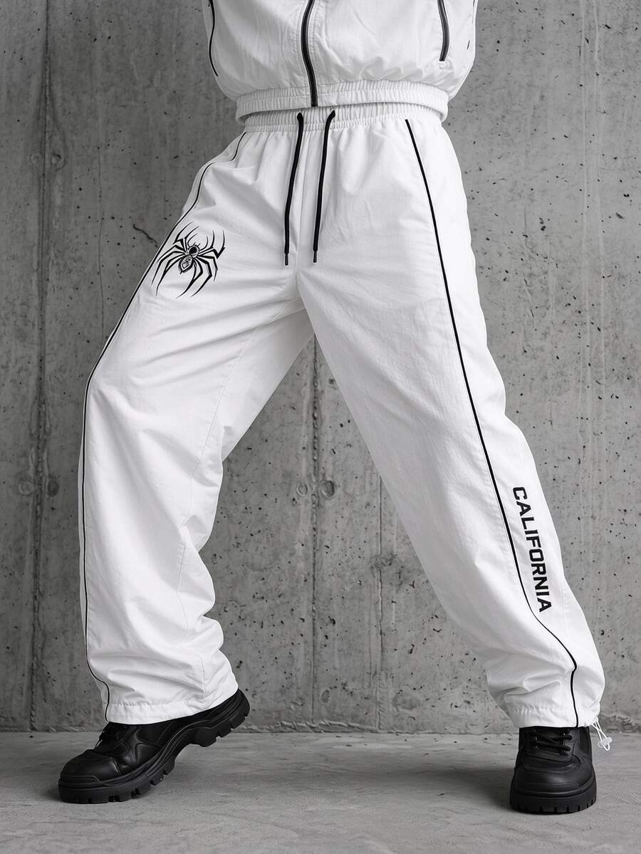 Sport MetroGents Men's Spider Print Drawstring Waist Sports Long Pants, Gym - White - View 1