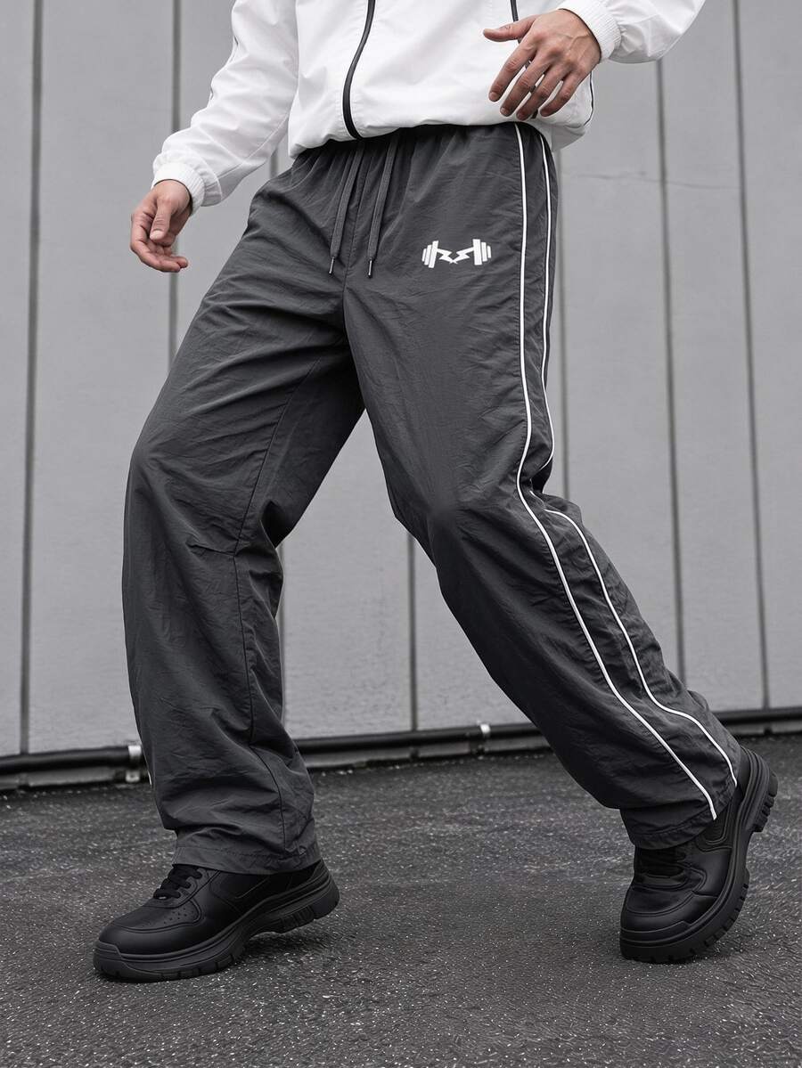 Sport MetroGents Men's Dark Gray Wide Leg Sports Pants, Drawstring Waist, Dumbbell Print Side Stripes, Fitness Streetwear Casual , Gym - Dark Grey - View 1