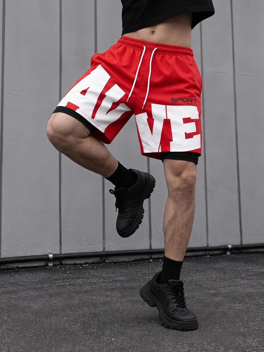 Sport MetroGents Men's Letter Print Drawstring Waist Sports Athletic Baggy Shorts, Gym Running Red Summer - Black - View 1